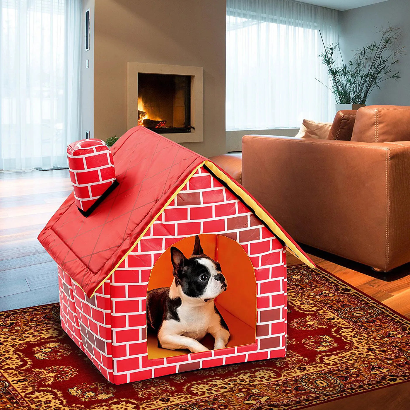 屋内でも屋外でも使える、レンガ造りの折りたたみ式犬小屋