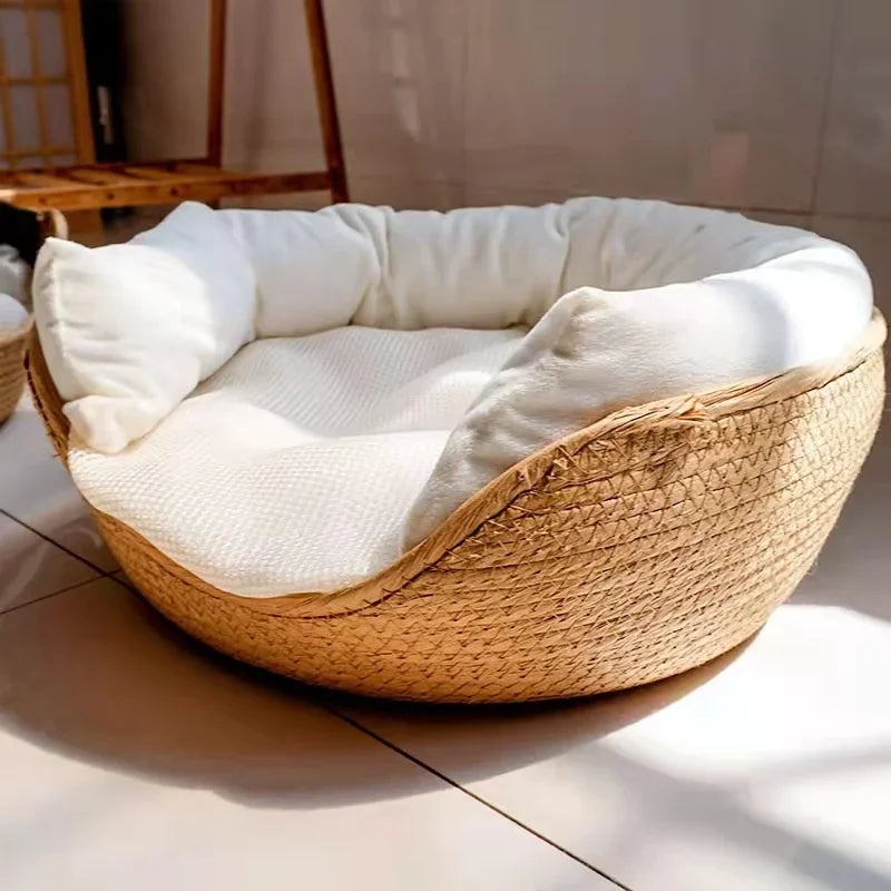 Cozy bamboo wicker cat bed – 100% cotton with removable cushion