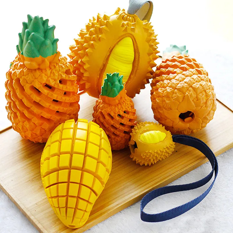 Fruit-shaped rubber dog toy for chewing pleasure and dental care