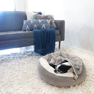 Orthopedic Donut Dog Bed with Hooded Blanket to Cuddle Up In