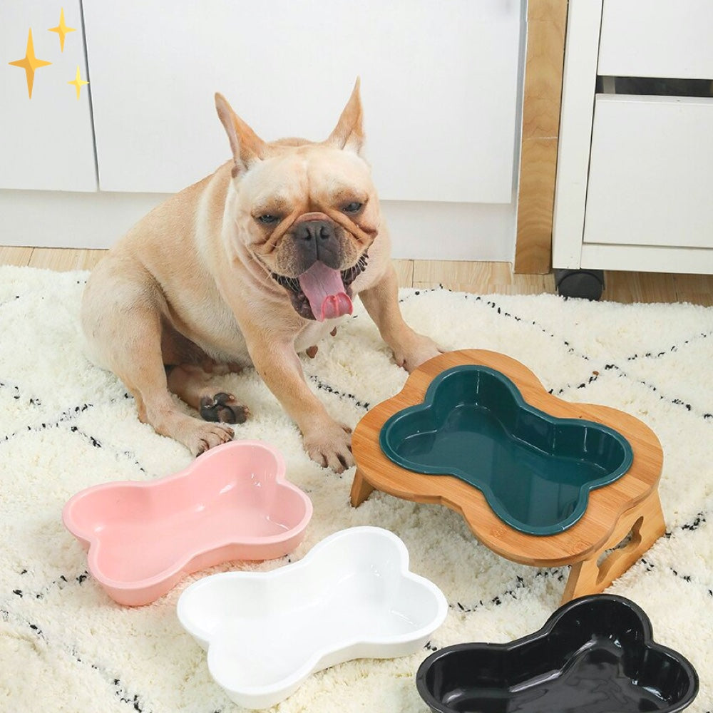 木製スタンド付きセラミック製ドッグフードボウル - BoneFeast