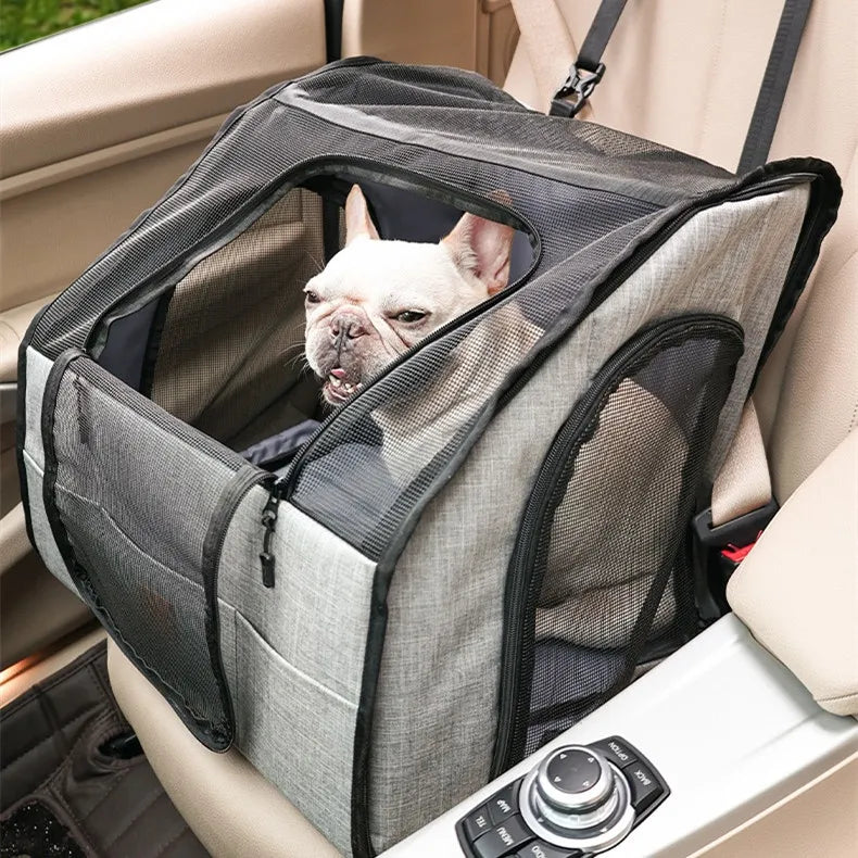 Safe Dog Car Seat - Foldable Transport Bag with Mesh Windows and Strap System