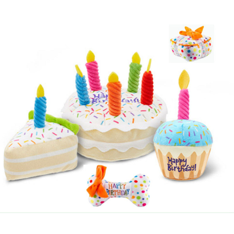 Dog Toy Birthday Set – Plush Cake, Cupcake & Bone with Squeaker Function