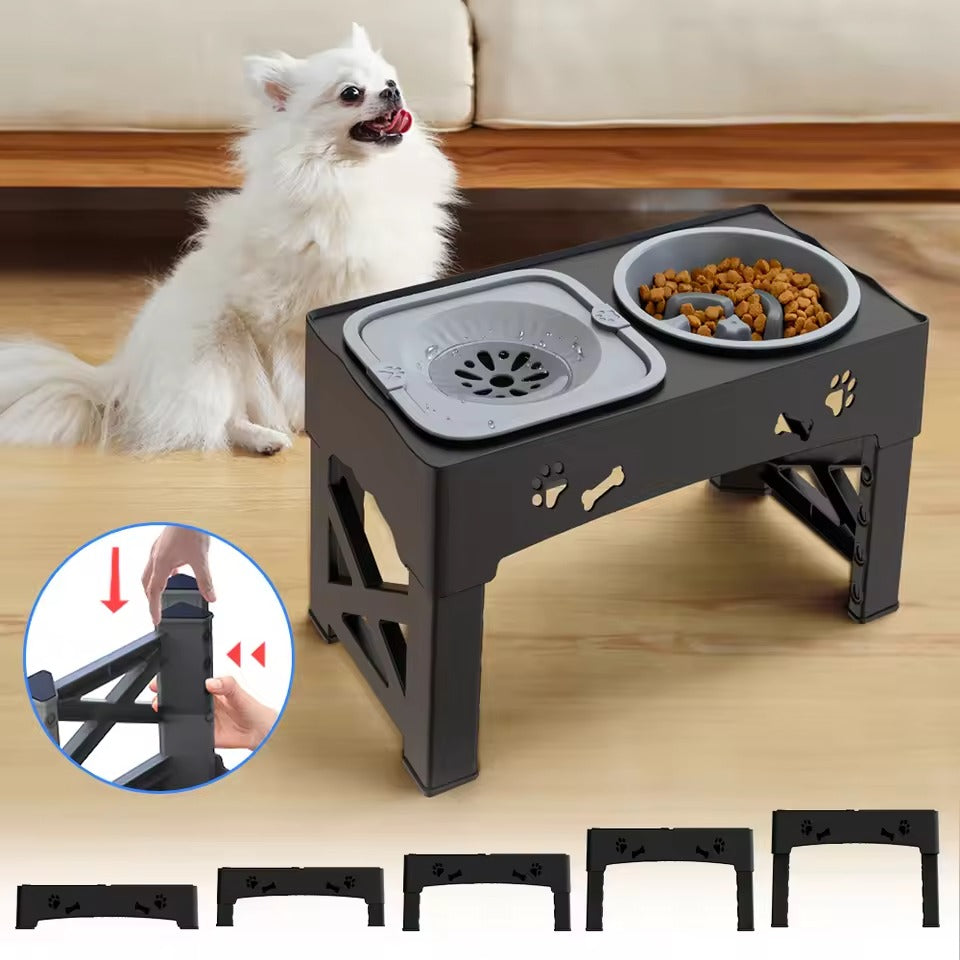 調節可能な犬用ボウルスタンド（スローフィーダーと防滴ウォーターボウル付き）