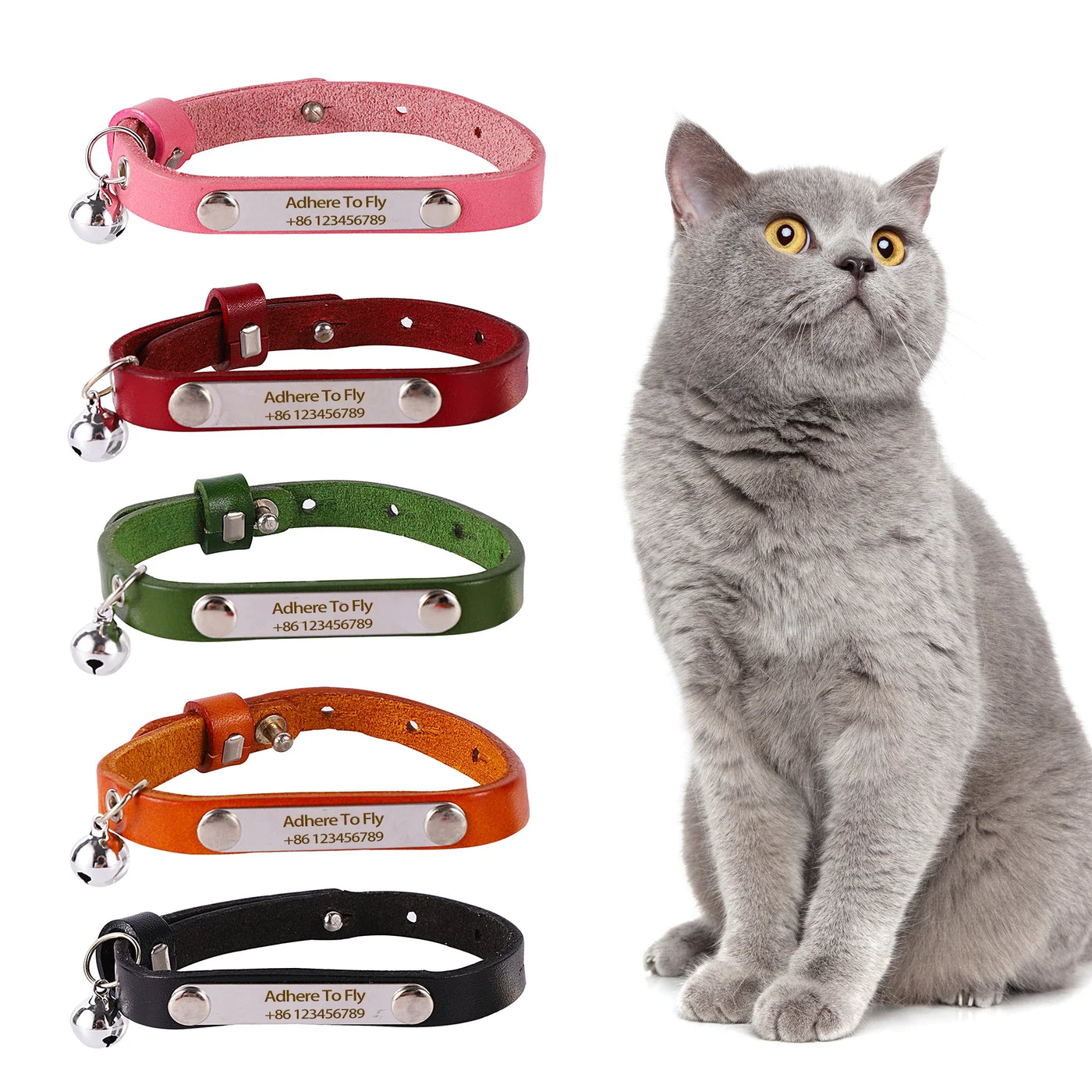 Customizable Leather Cat Collar with Bell and ID Tag