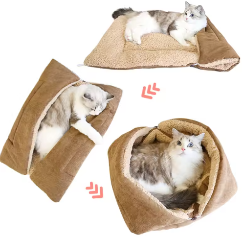 猫用ベッドとブランケットが一体になった快適な2in1タイプ
