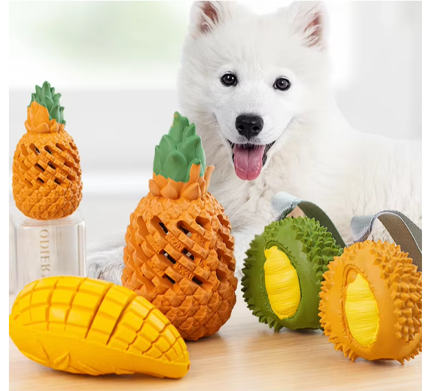 Fruit-shaped rubber dog toy for chewing pleasure and dental care