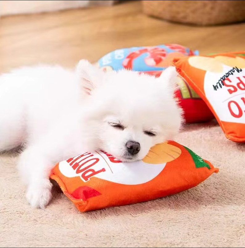 Dog Toy Chip Bag – Soft Plush Toy with Squeaker & Crinkle Effect