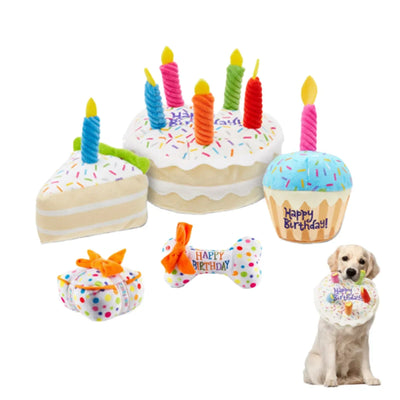 Dog Toy Birthday Set – Plush Cake, Cupcake & Bone with Squeaker Function