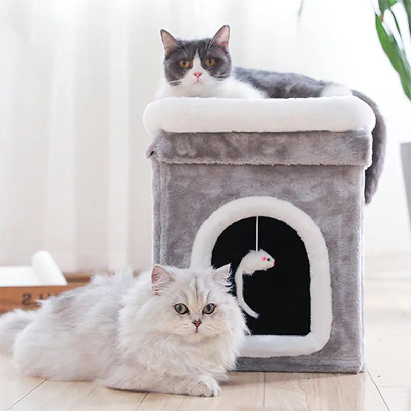 キャットケーブ（レイヤー付き） - ソフトケーブと猫のおもちゃが付いた折りたたみ式猫用ベッド