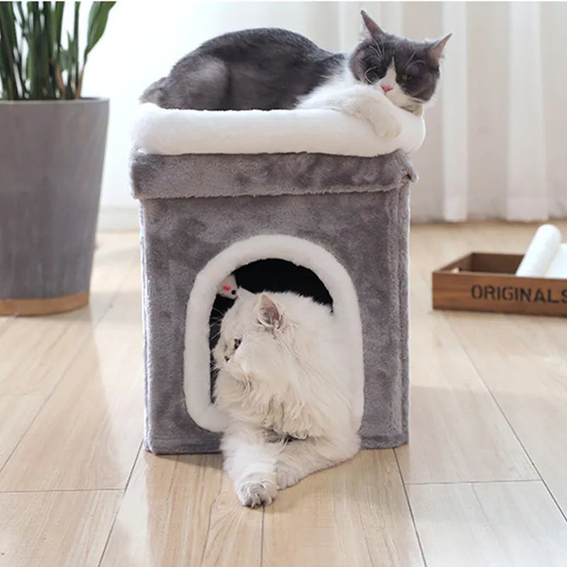 キャットケーブ（レイヤー付き） - ソフトケーブと猫のおもちゃが付いた折りたたみ式猫用ベッド