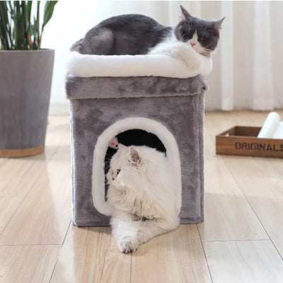 キャットケーブ（レイヤー付き） - ソフトケーブと猫のおもちゃが付いた折りたたみ式猫用ベッド