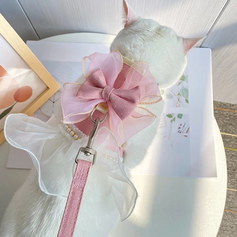 Charming Bowknot Cat Harness Dress with Leash