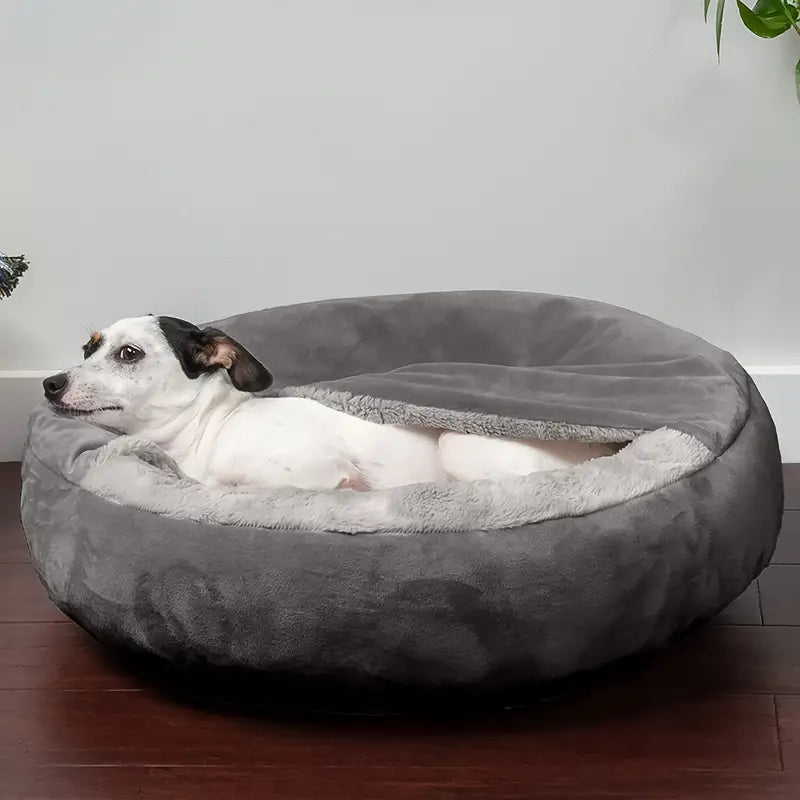 Orthopedic Donut Dog Bed with Hooded Blanket to Cuddle Up In
